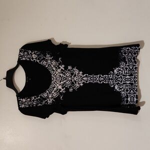 Women's BLEU black top gray print with rhinestones,  short sleeves, stretch